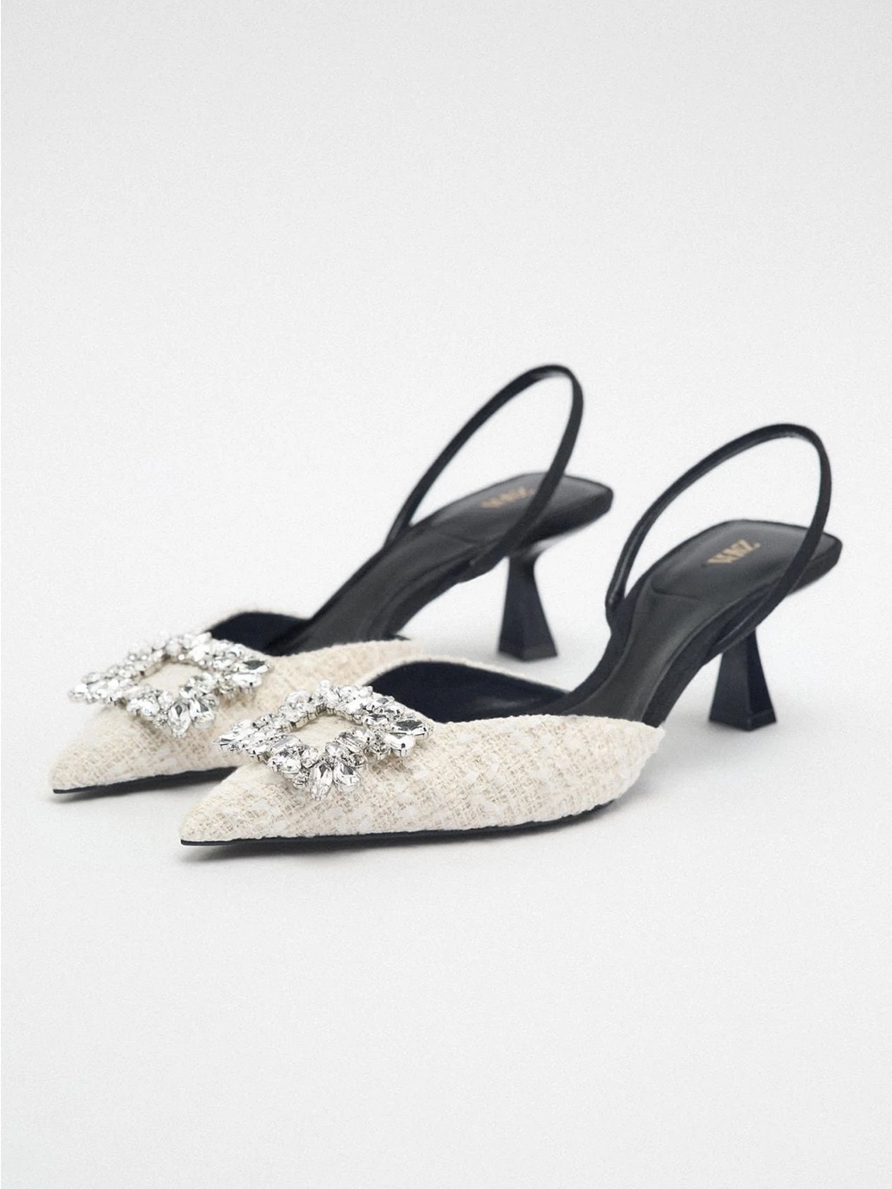 Zara Rhinestone Buckle Tweed Slingback Kitten Heels 39 preppy quiet luxury